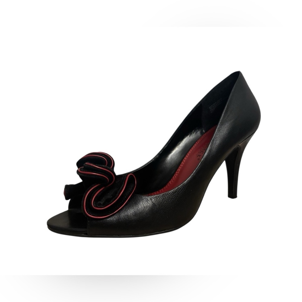 White House Black Market Alex Black Leather Suede Bow Peep Heels 9 M